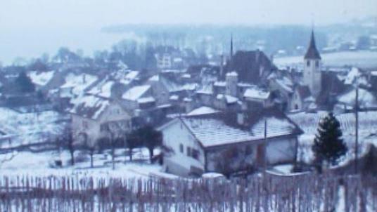 Le village viticole d'Auvernier en hiver au bord du lac de Neuchâtel. [RTS]