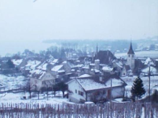 Le village viticole d'Auvernier en hiver au bord du lac de Neuchâtel. [RTS]