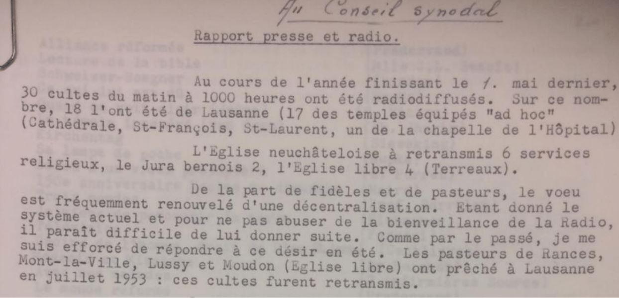 Eugène Ferrari, Au Conseil synodal, Rapport presse et radio, 10 mai 1954.