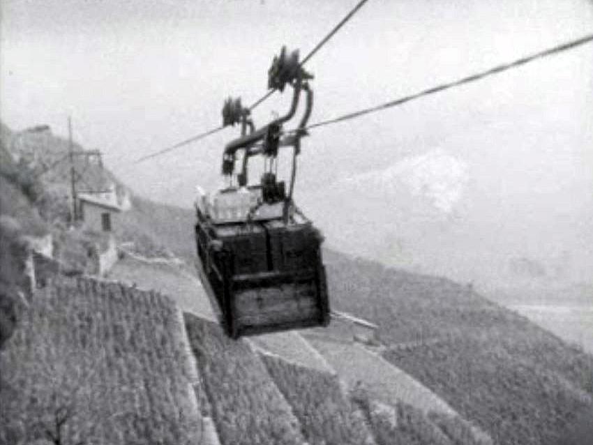 En Valais, la vendange est transportée par téléphérique.