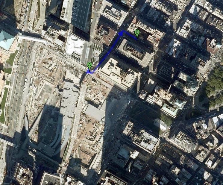 Une centaine de mètres sépare Ground Zero (A) de la future mosquée (B). [Google Maps]