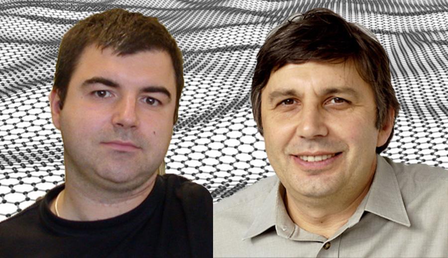 Konstantin Novoselov (à gauche) et Andre Geim, lauréats du prix Nobel de physique 2010 [Keystone/Montage RTS]