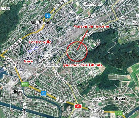 Le quartier des Tilleuls, où se trouve la maison du forcené, est situé près du centre-ville de Bienne. [map.search.ch]