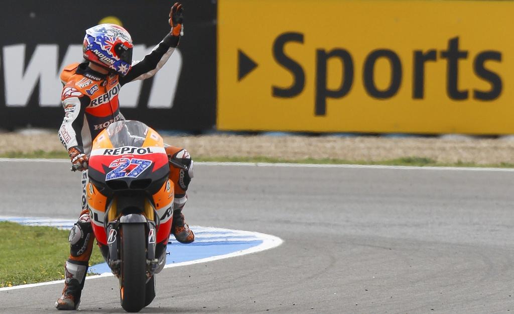 Stoner a décroché la pole en MotoGP devant Pedrosa et Lorenzo. [KEYSTONE - Miguel Angel Morenatti]