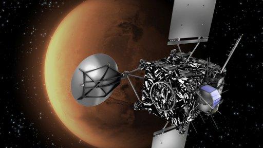 Dessin d'artiste de la sonde européenne Rosetta devant la planète Mars