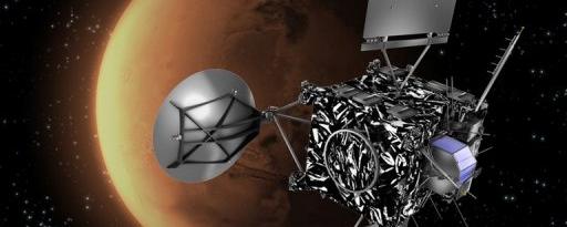 Dessin d'artiste de la sonde européenne Rosetta devant la planète Mars