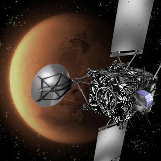 Dessin d'artiste de la sonde européenne Rosetta devant la planète Mars