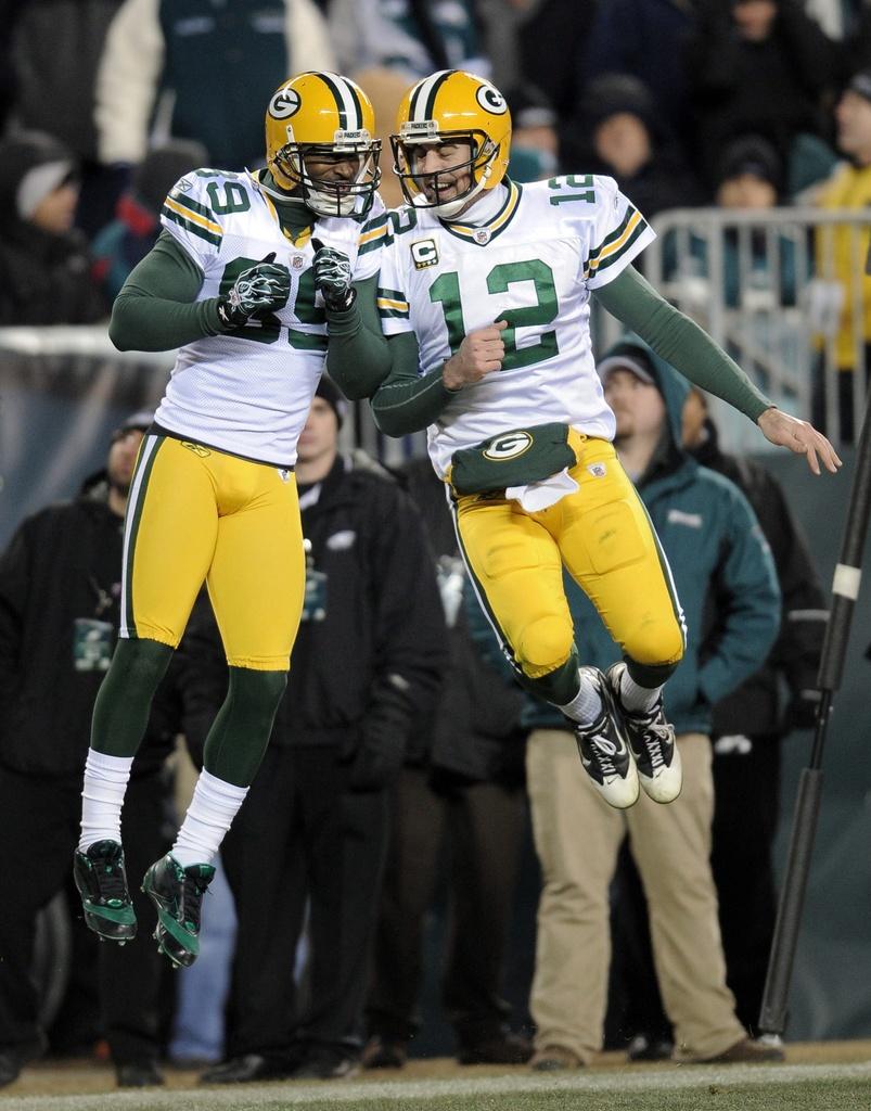 Le "QB" Aaron Rodgers célébre un touchdown avec James Jones. [KEYSTONE - Justin Lane]