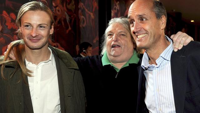 Le président de la Lega tessinoise Giuliano Bignasca (centre), Lorenzo Quadri, élu conseiller national tessinois (gauche), et Sergio Morisoli, candidat aux Etats (droite). [Karl Mathis]