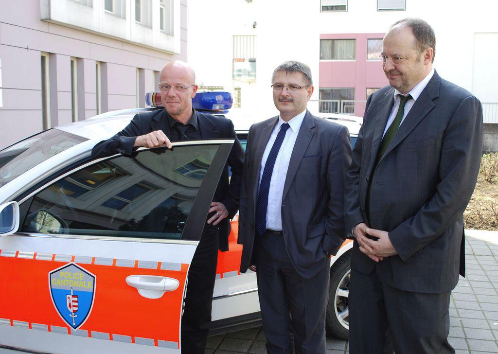 Olivier Guéniat, Charles Juillard et Jean Studer ce vendredi 8 avril à Delémont. [Gaël Klein]