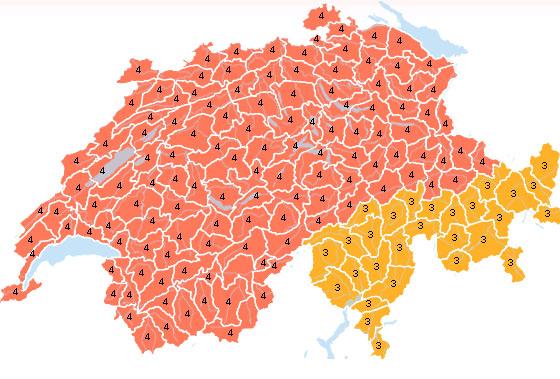 MétéoSuisse a étendu son alerte de niveau 4 à quasiment tout le pays. [MétéoSuisse]