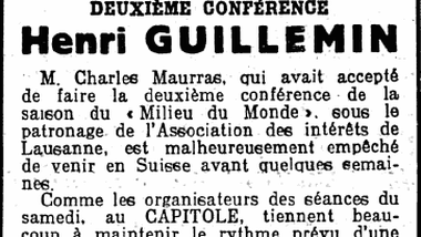Annonce d'une conférence de Guillemin [Gazette de Lausanne, 5 octobre 1942]