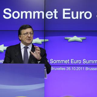 Le président de la Commission européenne, José Manuel Barroso, et le président du Conseil, Herman Van Rompuy, à l'issue de la réunion de crise. [Virginia Mayo]