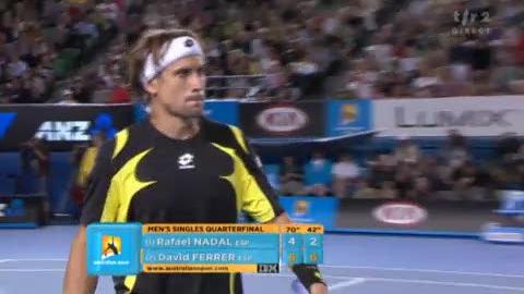 Tennis / Open d'Australie: Rafael Nadal (ESP) - David Ferrer (ESP). David Ferrer enlève aussi une 2e manche (6-2), qui voit Nadal toujours diminué (blessure à la cuisse gauche)