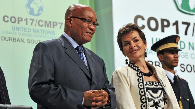 Le président sud-africain Jacob Zuma et la responsable Climat de l'ONU Christina Figueres à l'ouverture de la conférence, ce lundi 28 novembre 2011. [Alexander Joe]
