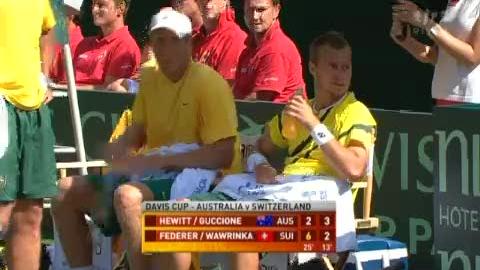 Tennis / Coupe Davis (barrage): Australie – Suisse. Hewitt/Guccione - Federer/Wawrinka. Au 5e jeu de la 2e manche, tout se complique. Hewitt fait des prouesses, Wawrinka craque