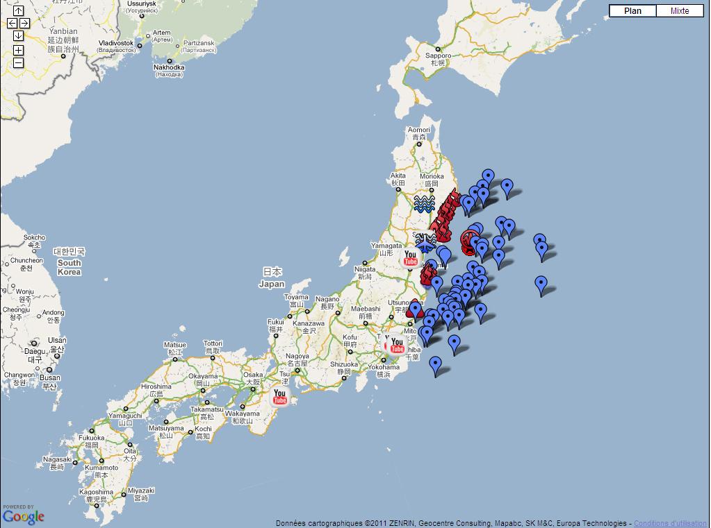 La carte interactive de Google sur le séisme au Japon