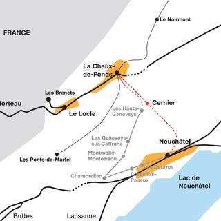 Le plan de développement de la future liaison TRANSRUN entre Neuchâtel et La Chaux-de-Fonds.