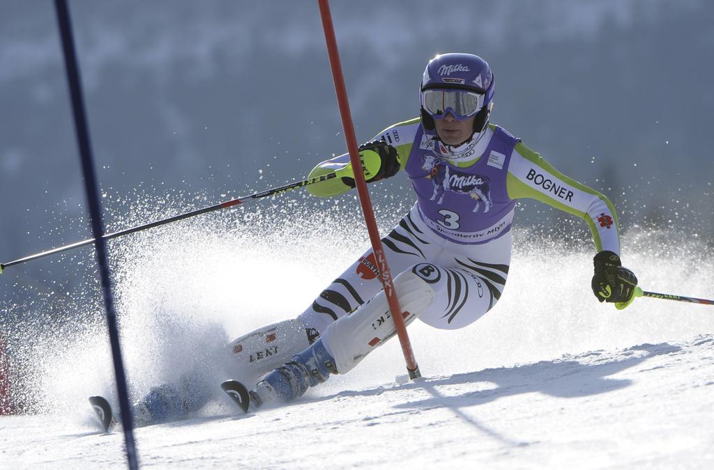 Maria Riesch - ici avant sa chute - ne semble pas bien gérer la pression. [KEYSTONE - Giovanni Auletta]