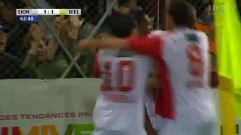 Football / Coupe de Suisse (2e demi-finale): Sion - Bienne (CL). Les Seelandais ouvrent le score: 0-1 par Nicolas Kehrli (48e)