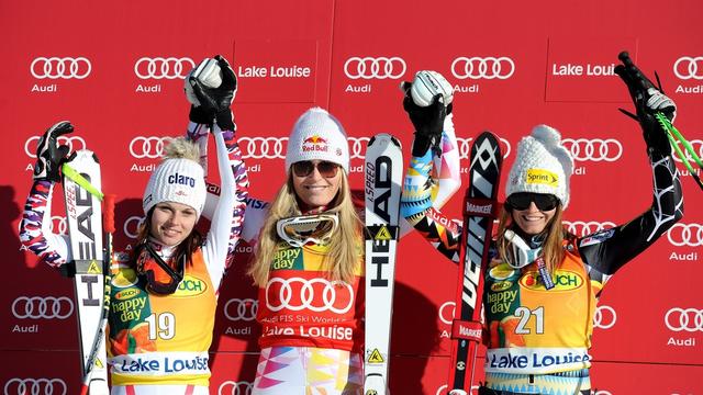 Fenninger, Vonn et Mancuso, un podium qui ne manque pas de charme. [MIKE STURK]