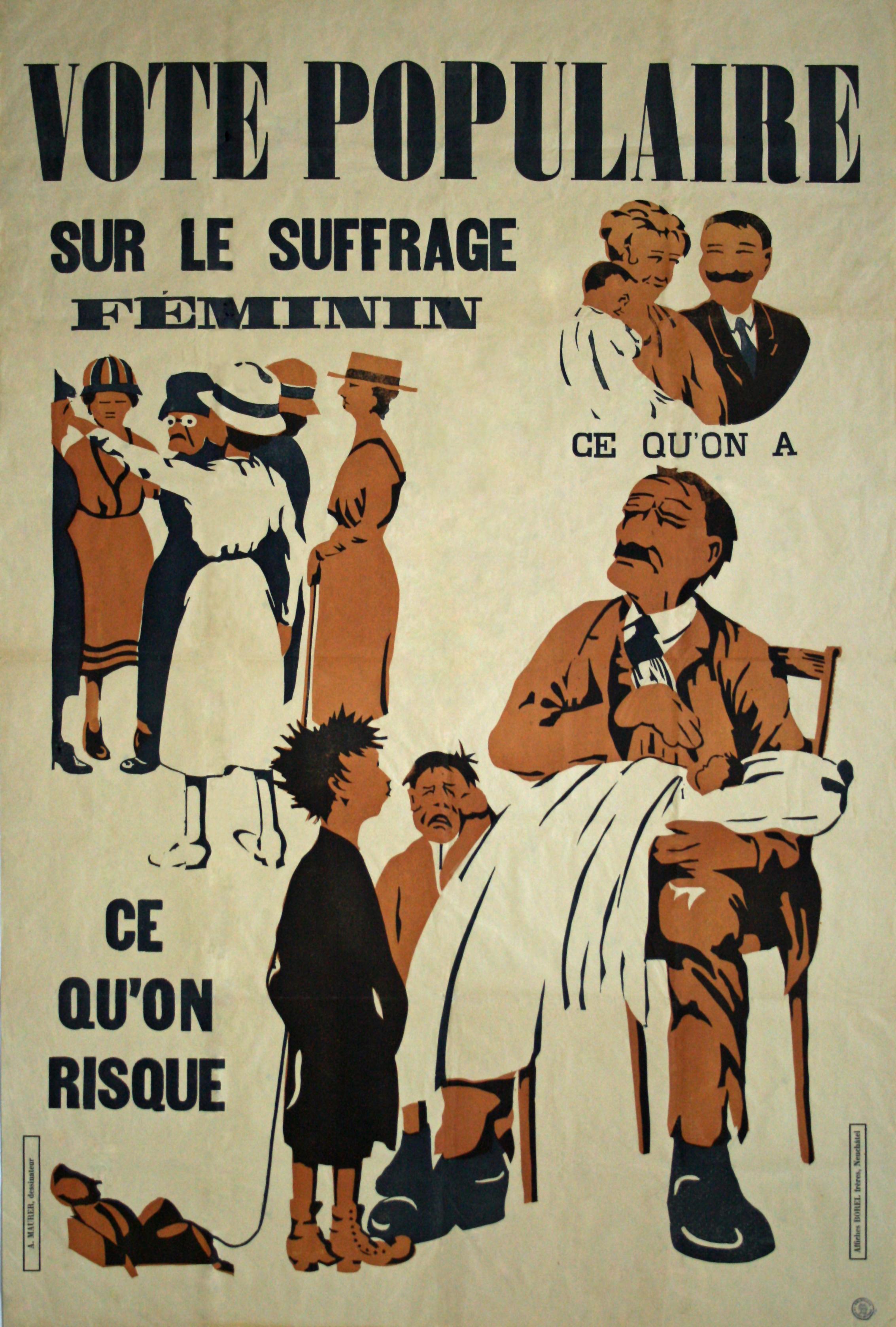 L'une des affiches du vote populaire sur le suffrage féminin, en 1919. [Neuchâtel. Borel frères, 1919. Bibliothèque de la Ville de La Chaux-de-Fonds. Département audiovisuel (DAV). Reproduction.]