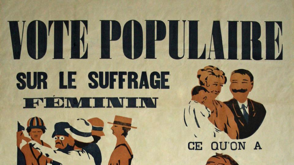 L'une des affiches du vote populaire sur le suffrage féminin, en 1919. [Neuchâtel. Borel frères, 1919. Bibliothèque de la Ville de La Chaux-de-Fonds. Département audiovisuel (DAV). Reproduction.]