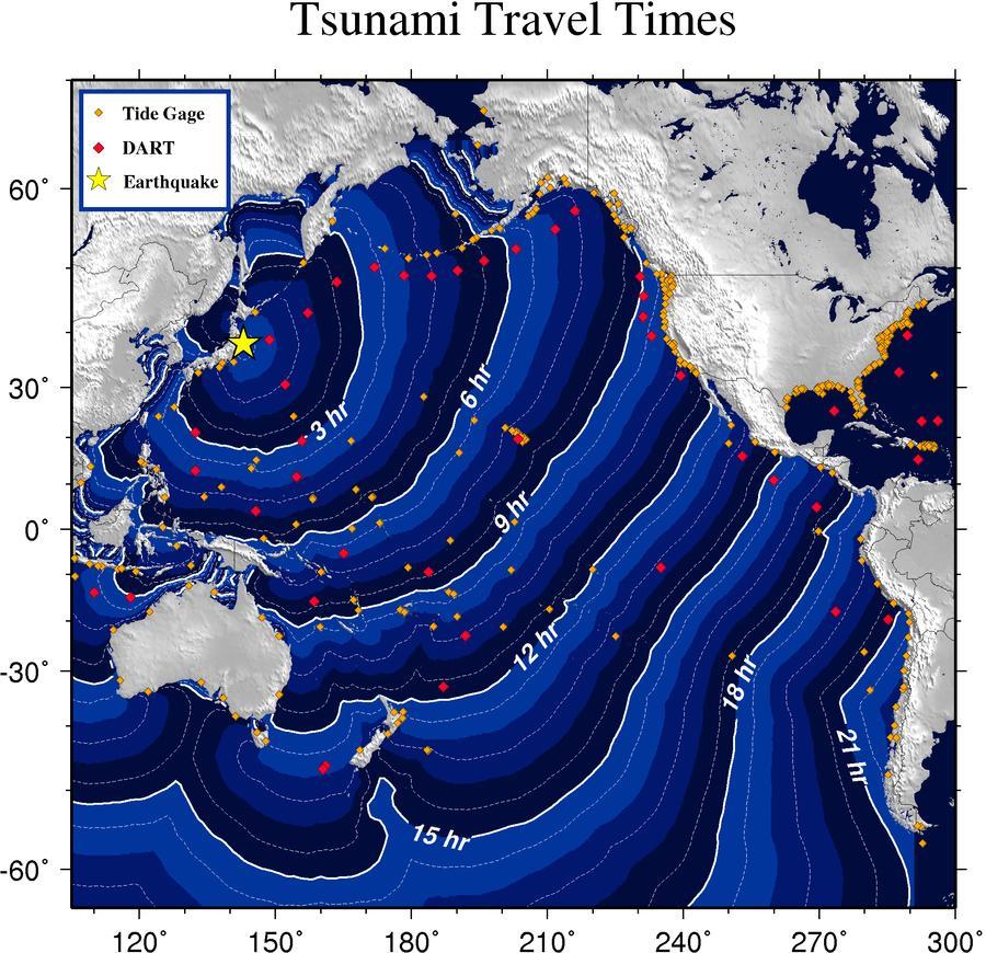 L'évolution du tsunami dans le Pacifique [Centre d'alerte pour les tsunamis d'Alaska]