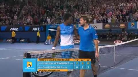 Tennis / Open d'Australie: Succès extrêmement probant de Stanislas Wawrinka face à Gaël Monfils. Le Suisse s'impose 7-6 6-2 6-3 et affrontera Andy Roddick au prochain tour