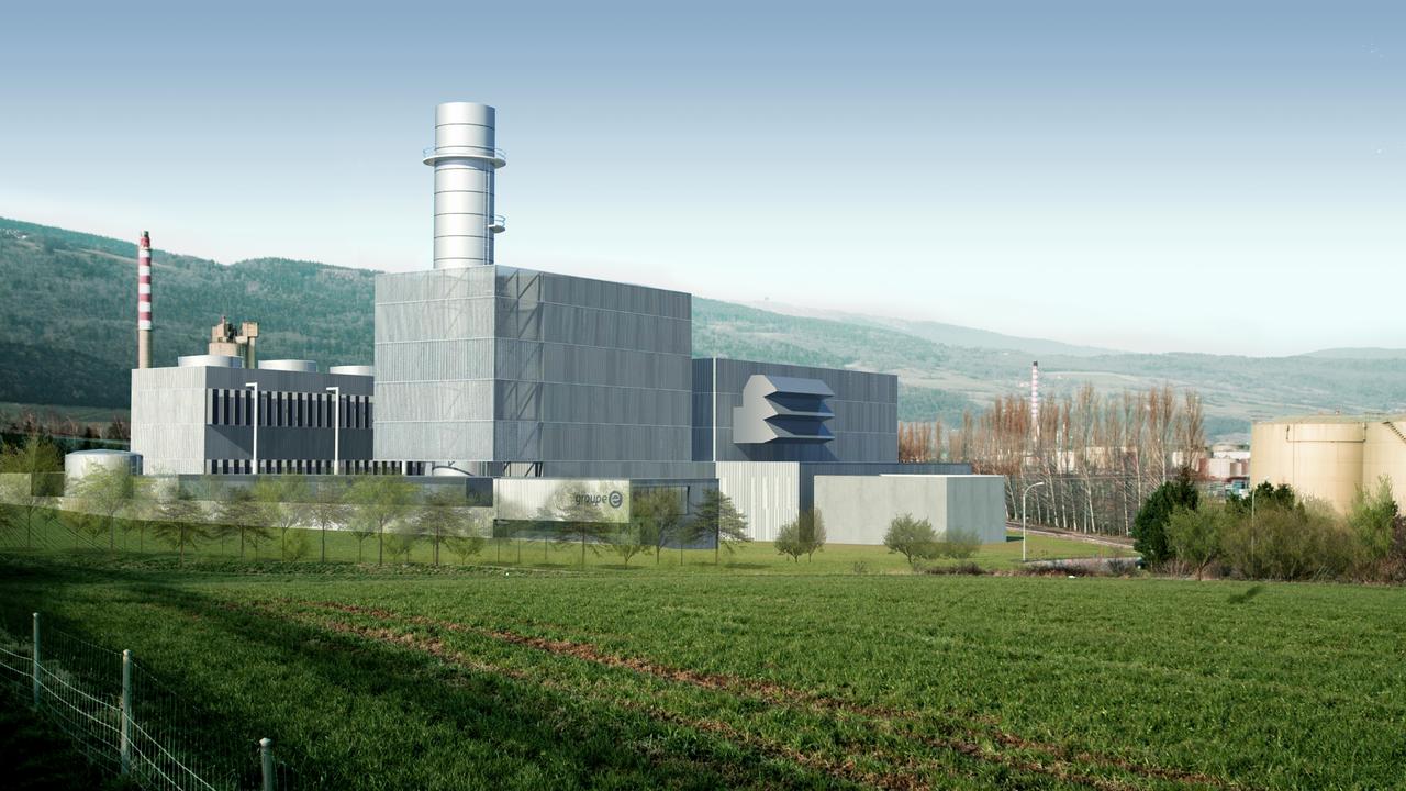 La centrale à gaz de Cornaux en images de synthèse vue depuis l'autoroute A5. [Groupe E]