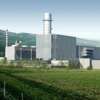 La centrale à gaz de Cornaux en images de synthèse vue depuis l'autoroute A5. [Groupe E]
