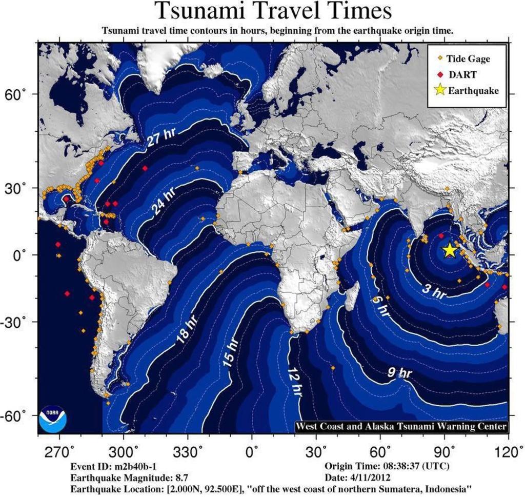 Cette carte montre la progression de la vague au fil des heures. [National Oceanic and Atmospheric Administration - NATIONAL OCEANIC AND ATMOSPHERIC]
