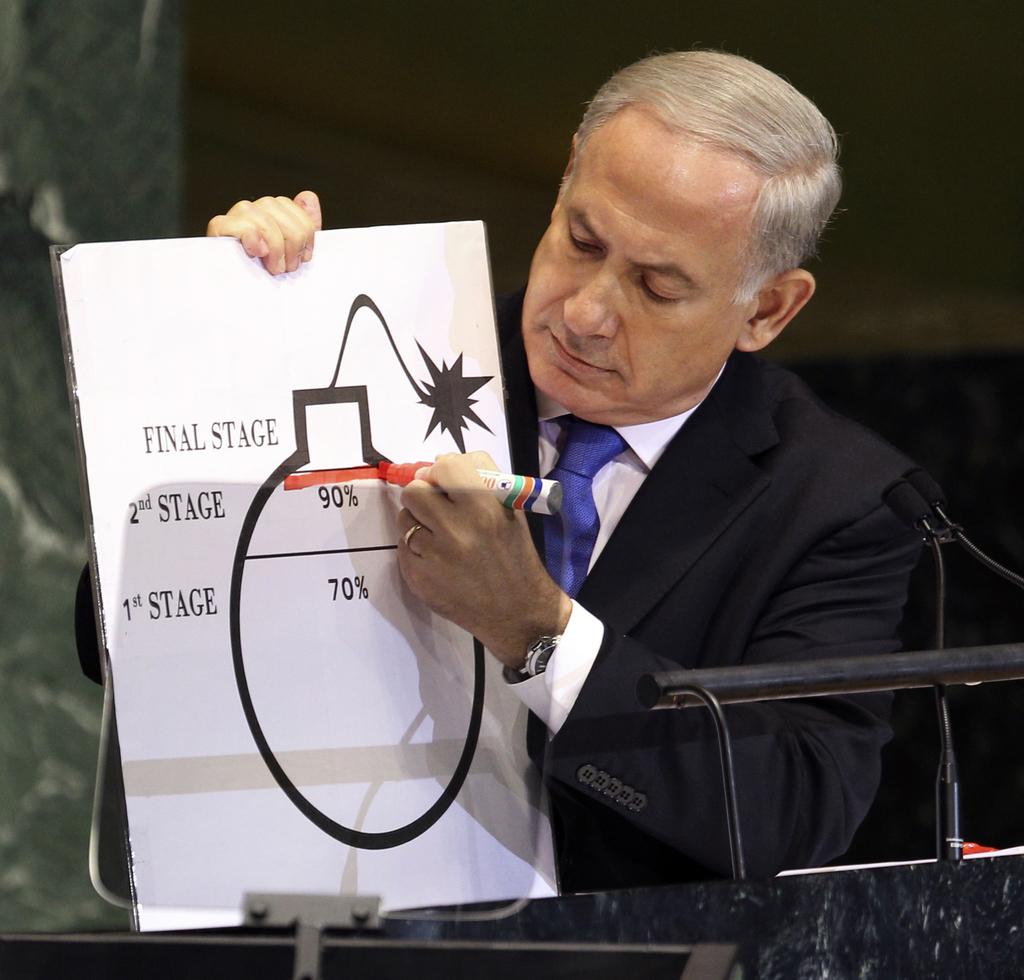 Le croquis présenté par Benjamin Netanyahu en 2012. [KEYSTONE - Seth Wenig]