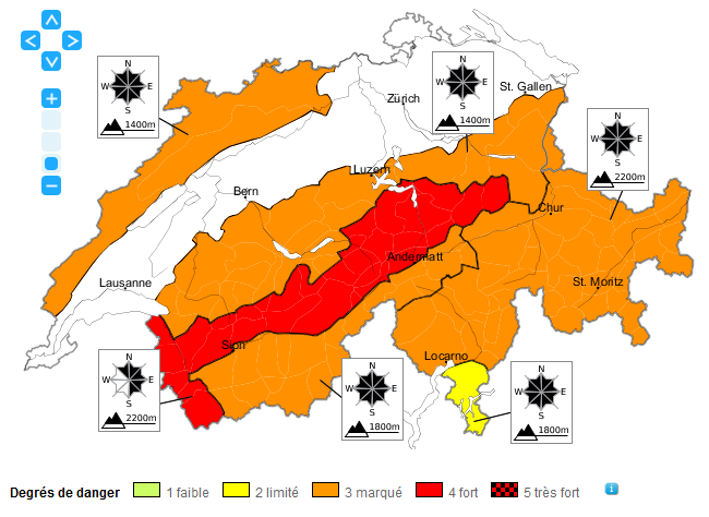 La carte des risques d'avalanche actuelle fait appel à la prudence et la retenue. [www.slf.ch]