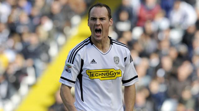 Cesena's Steve Von Bergen of Switzerland reacts after saves a goal during their Serie A soccer match against Fiorentina, at Cesena's Manuzzi stadium, Italy, Sunday, Oct. 16, 2011. The game ended 0-0. (AP Photo/Marco Vasini) [Marco Vasini]