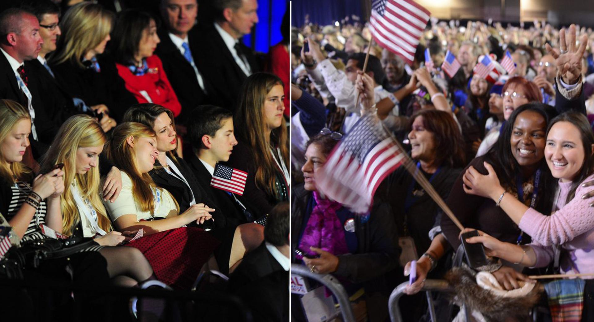 Ambiances contrastées entre les supporters de Mitt Romney et de Barack Obama. [Michael Ivins / Shawn Thew]