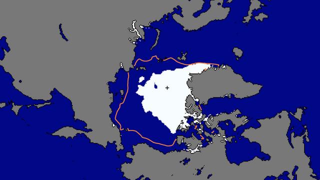 L'image du National Snow and Ice Data Center montre l'état de l'Arctique le 18 septembre par rapport à la moyenne enregistrée entre 1979 et 2000.