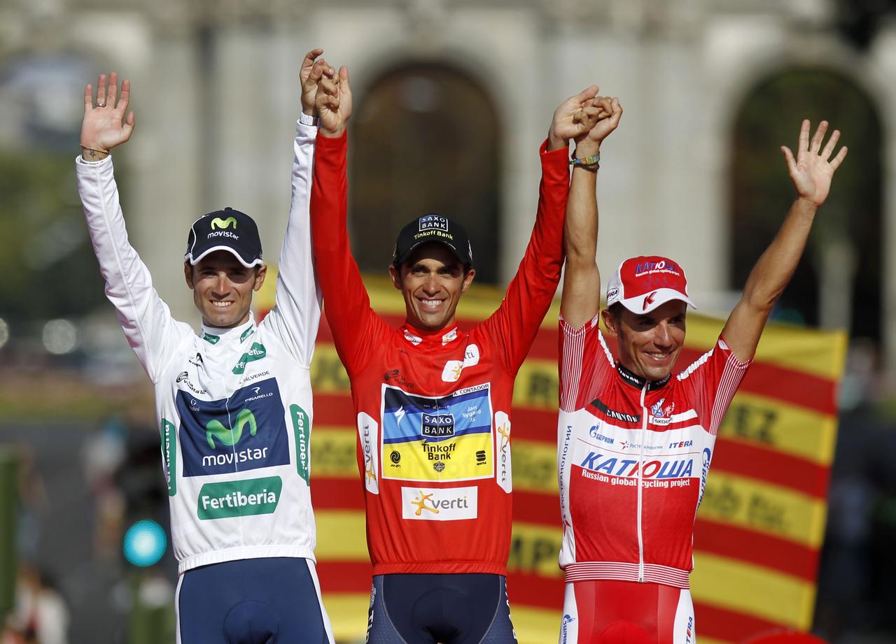 Valverde-Contador-Rodriguez, un podium 100% espagnol sur la Vuelta. [Reuters - Miguel Vidal]