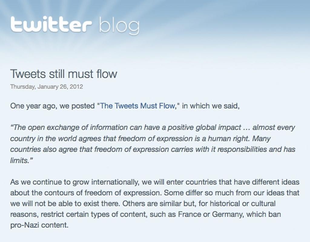 Dans son message d'explication, Twitter met en avant le fait que des pays respectant la liberté d'expression interdisent déjà certains messages.