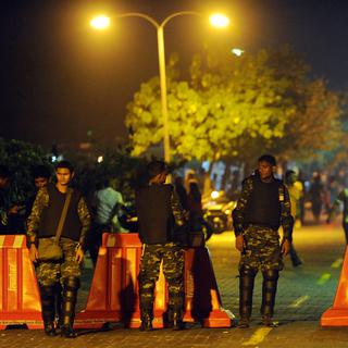 Check point gardé, le 9 février 2012, à Male aux Maldives, après les émeutes.