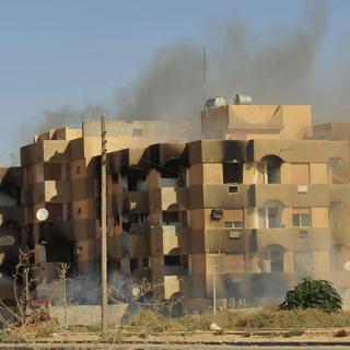La ville de Tawargha en flammes, 20 décembre 2011. [Esam Al-Fetori]