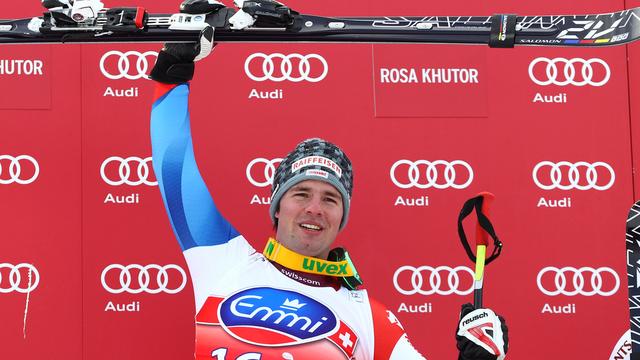 Beat Feuz a fini sur la première marche du podium. Sotchi, Russie, 11 février 2012. [Alessandro Trovati]