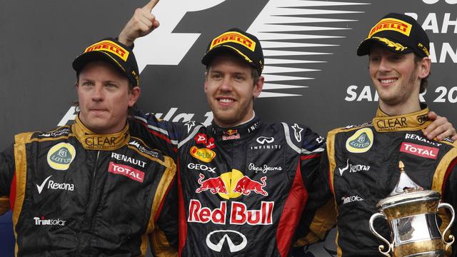 Podium inédit lors du Grand Prix de Bahreïn, Vettel fête sa première victoire de la saison. [KEYSTONE - Luca Bruno]