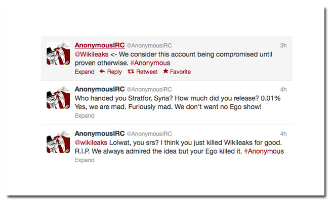 Le compte twitter lié à Anonymous a répondu aux attaques de Wikileaks.
