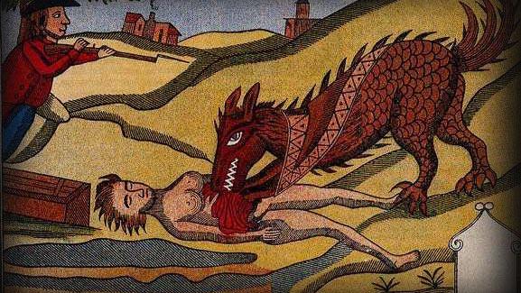 Toile du XVIIIe, d'auteur inconnu, représentant la bête du Gévaudan dévorant une femme.