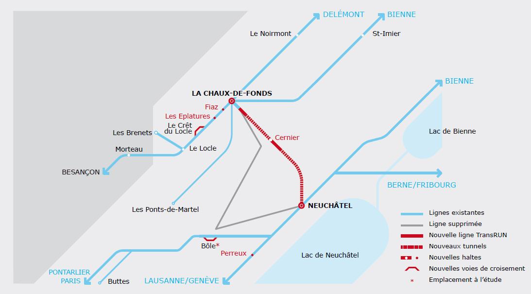 Le plan de développement de la future liaison TransRun entre Neuchâtel et La Chaux-de-Fonds. [transrun.ch]