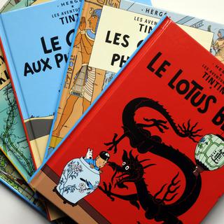 Plusieurs couvertures d'albums des aventures de Tintin. [Jean-Pierre Muller]
