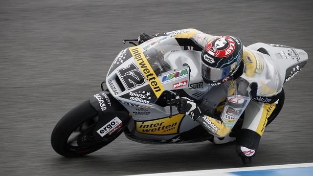 Sur un circuit qui l'a vu briller par le passé, Thomas Lüthi n'a pas pu brillé sur une piste mouillée. [KEYSTONE - Francisco Seco]