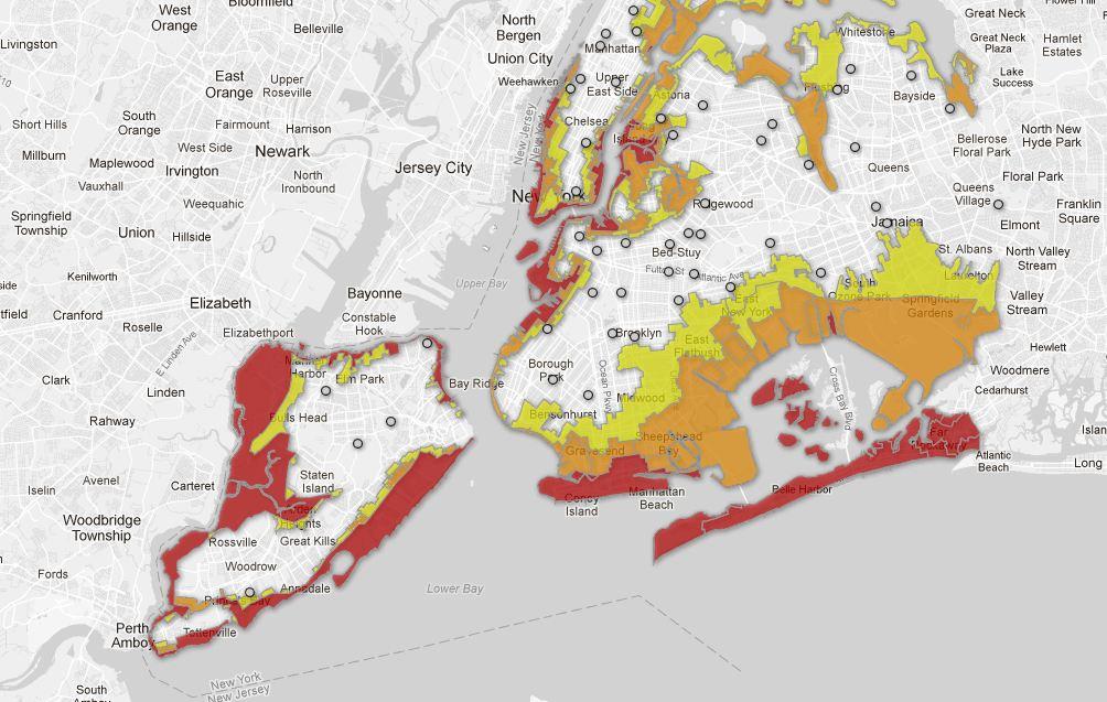 Les zones en rouge sont celles étant les plus susceptibles d'être inondées. [WNYC]