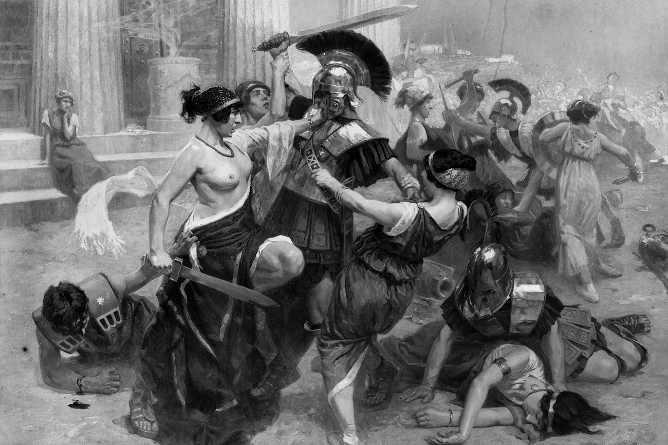 Les femmes de Sparte combattant les Romains à Egine (Grèce), par Edmond-Edouard Lapeyre, 1912. [Roger-Viollet/AFP]